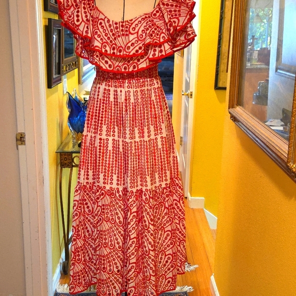 Zimmerman Elegant Red And White Embroidered Patterned Maxi Dress - Picture 3 of 7